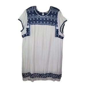 Lucky Brand Crochet Embroidered Midi Dress 2X Cap Sleeve Lined White Blue Cotton